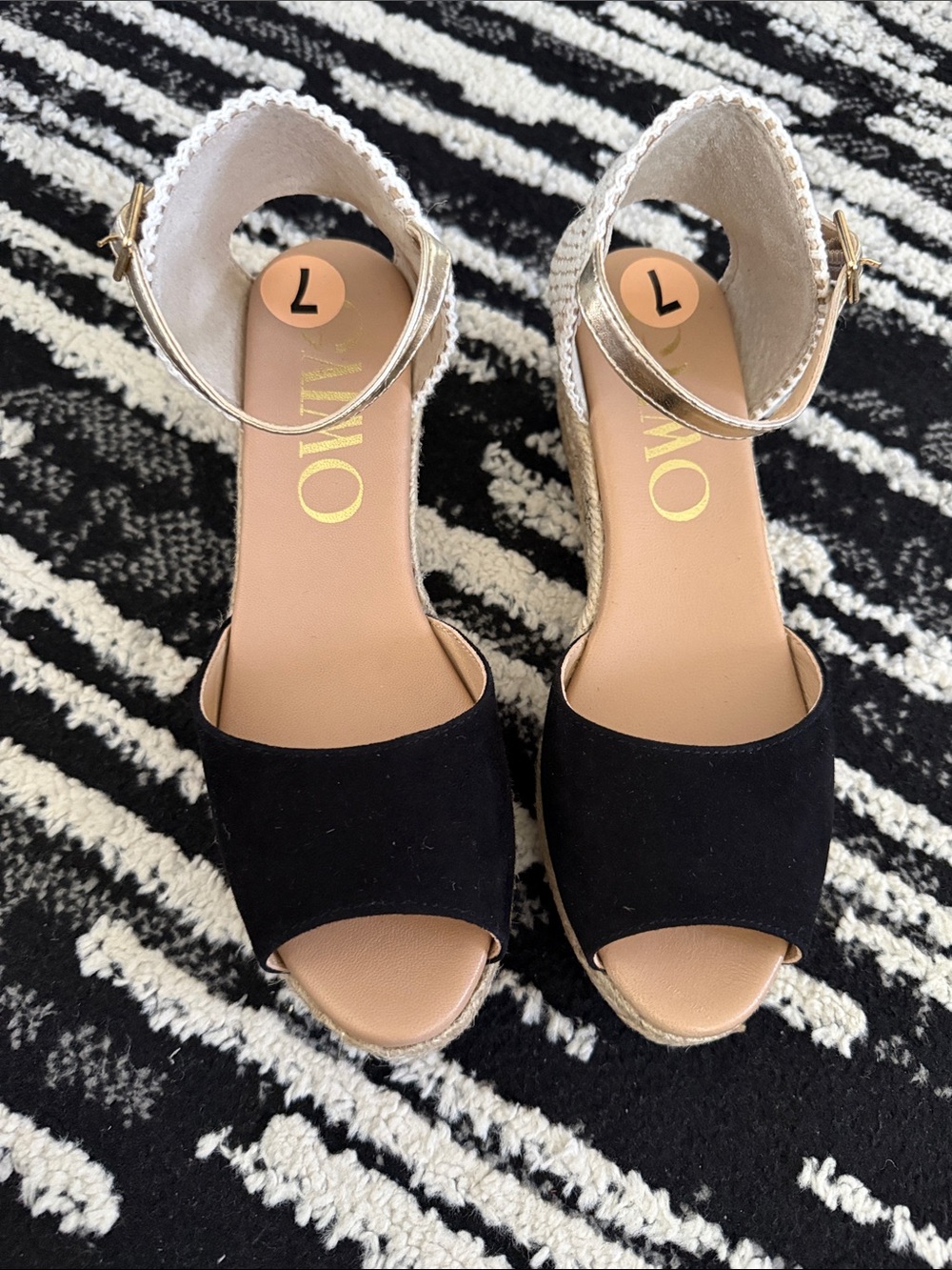NWOT Black and Gold Ankle-Strap Wedge Sandals by Gaimo